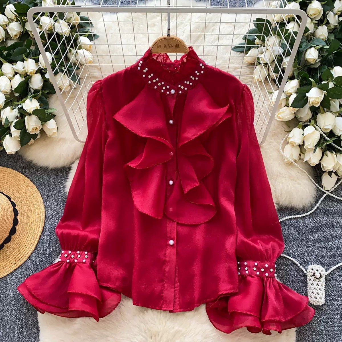 Women's Clothing Neck Sleeve Rufles Shirts Korean Pearl Fashion Tops
