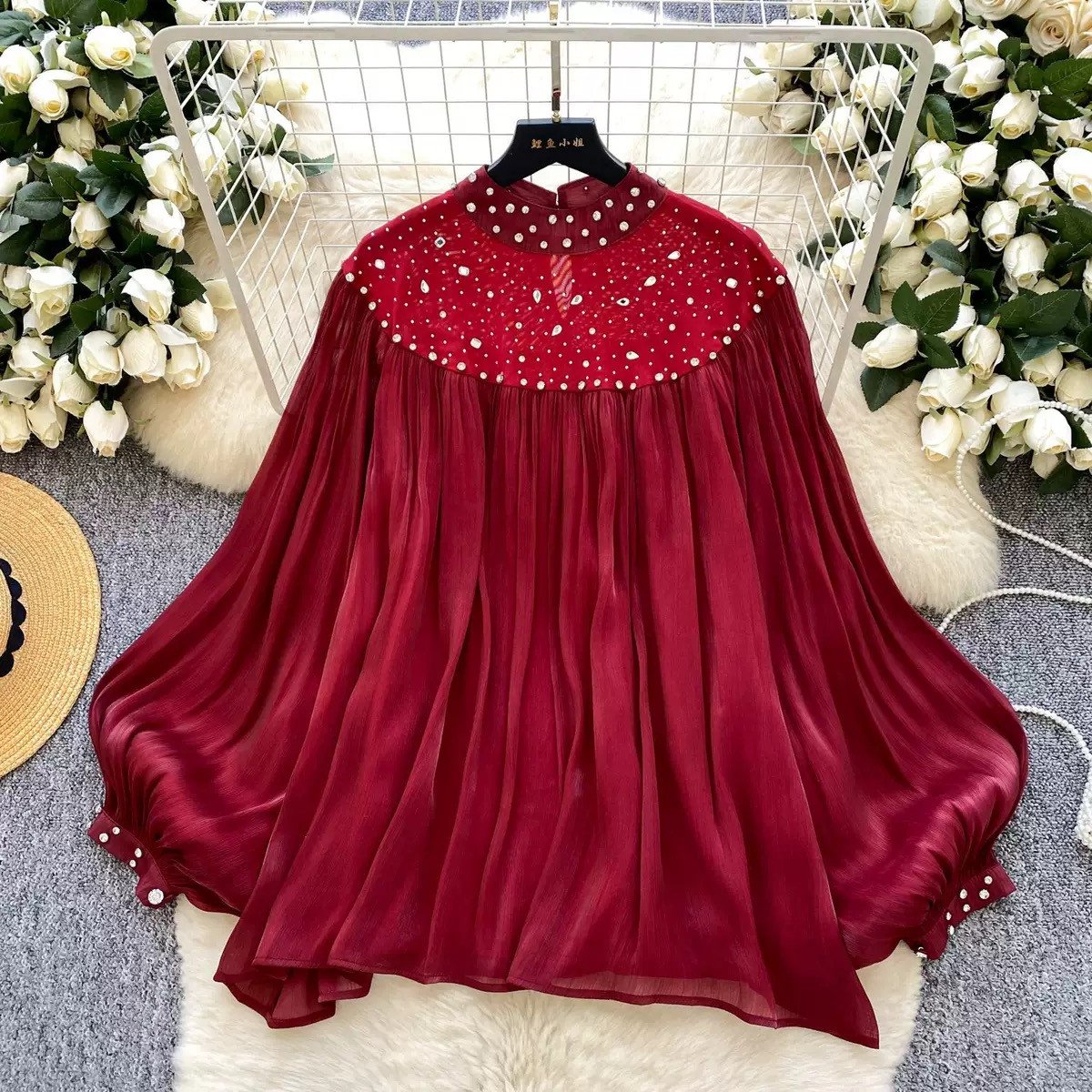 Diamonds Loose Pleated Woman Shirts Long Sleeve Tops