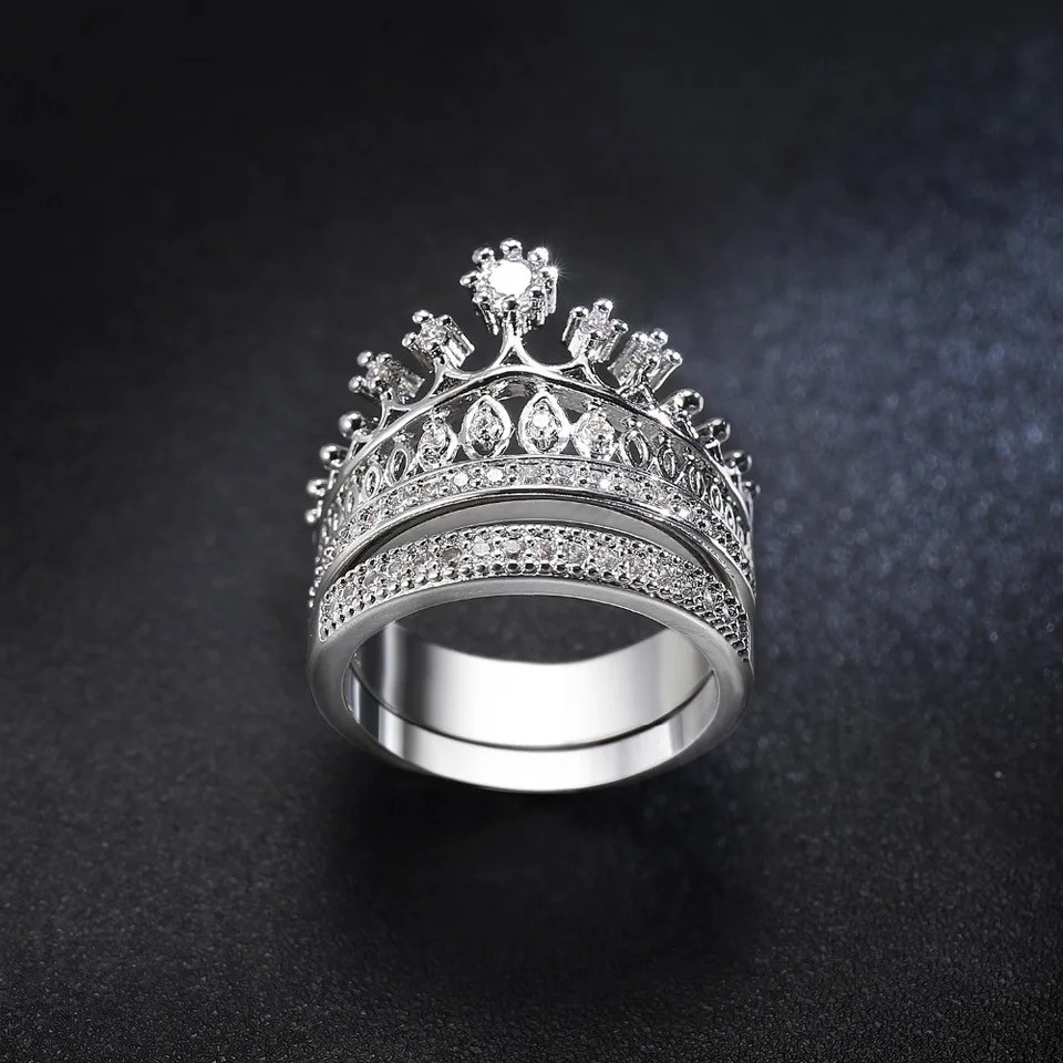 Exquisite AAA Cubic Zirconia Micro Pave Princes Crown Rings 2pcs Stackable Ring