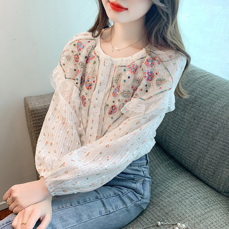 Cross-Border Flared Flower Embroidered Tops