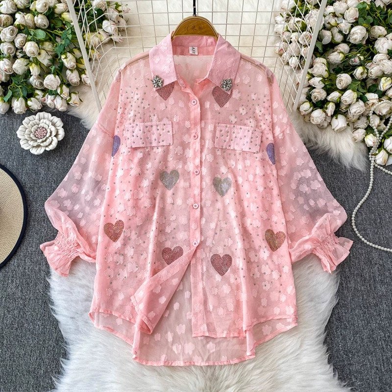Elegant Luxury Heart Design Lantern Sleeves Casual Tops