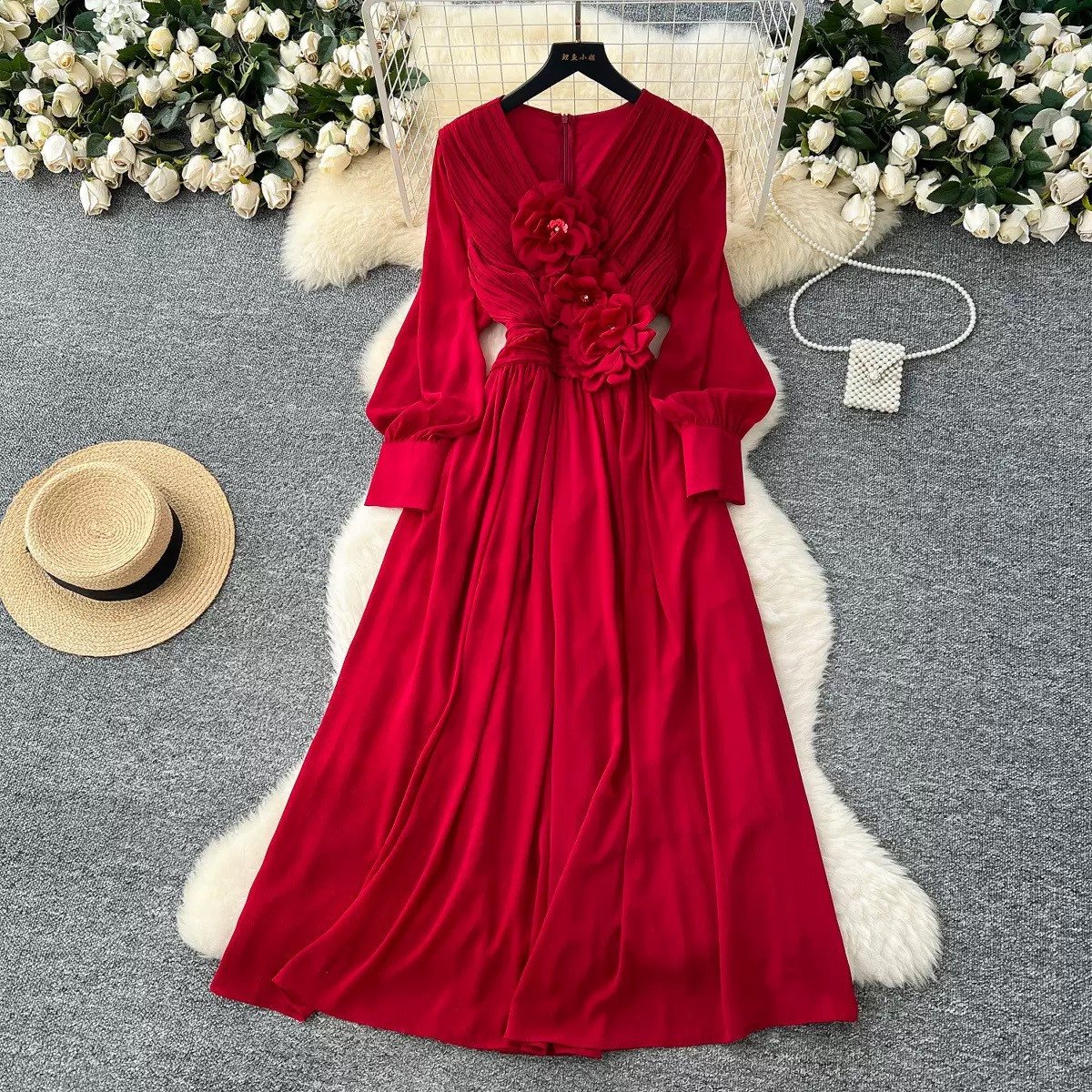 French Three-dimensional Flower V-neck Slim A-line Long Swing Beach Holiday Dress