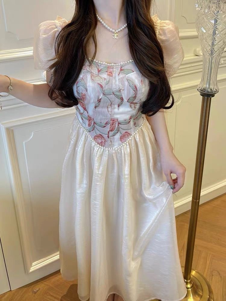 French Retro Floral Spliced Puff Sleeve Elegant Party Dress