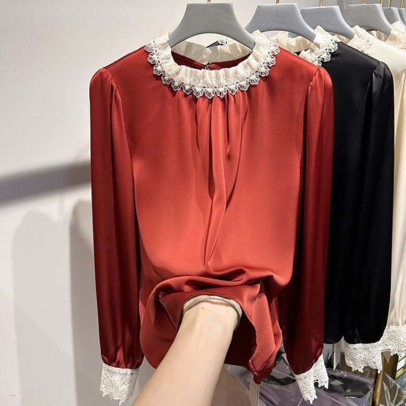 Double-Layer Collar Satin Shirt Long-sleeved Puff Sleeve Chiffon French Style Tops