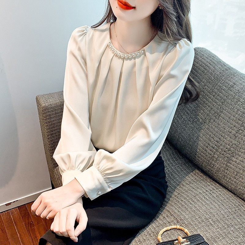 Elegant Fashion Pearl O-Neck Chiffon tops