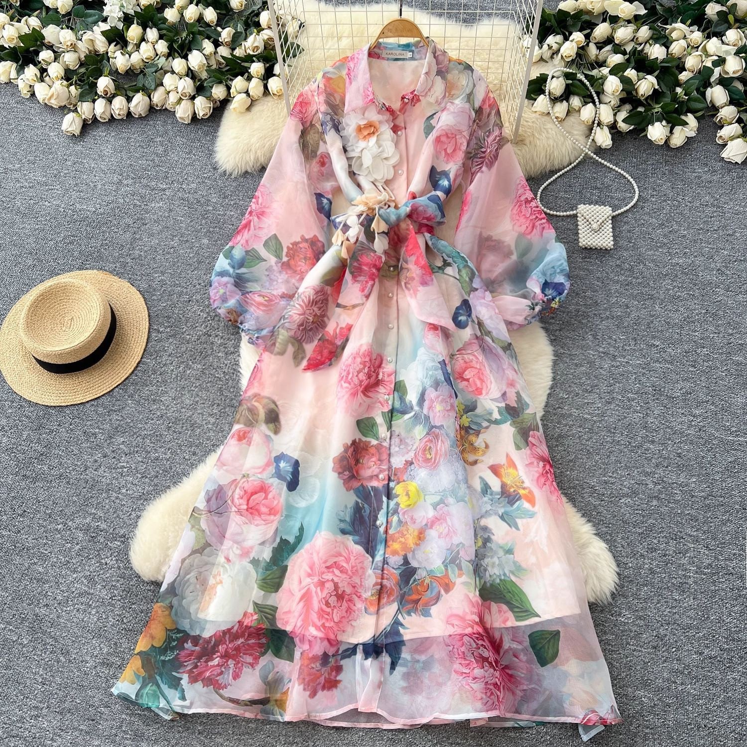 Women's Chiffon Dress Lapel Tie Sash Brooch Flared Hem Printed Elegant Modest Casual Wear