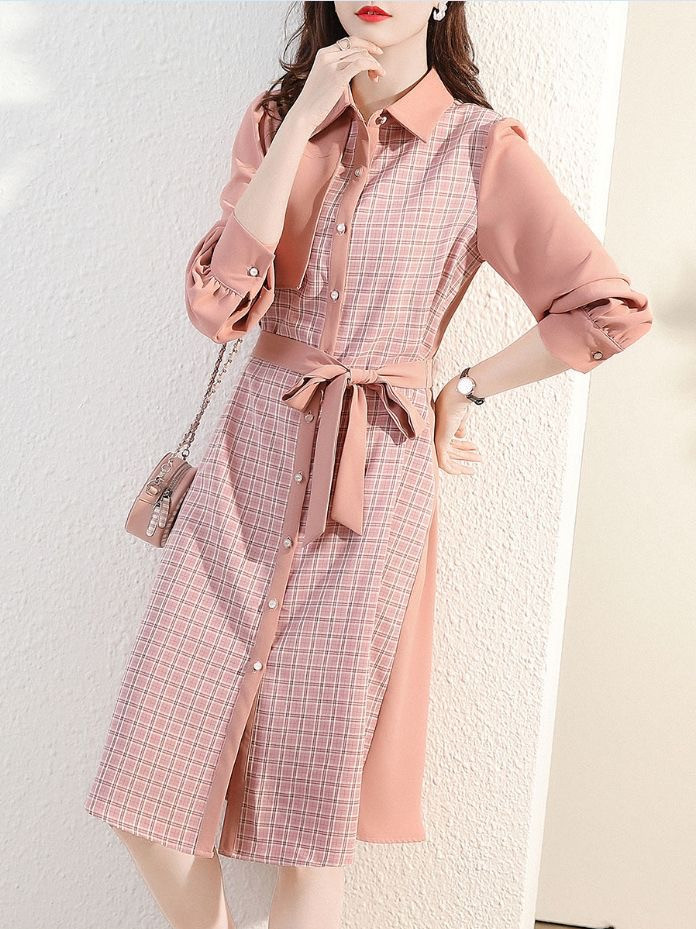 Korean Style Plaid Chic Ruffled Collar Casual Dress