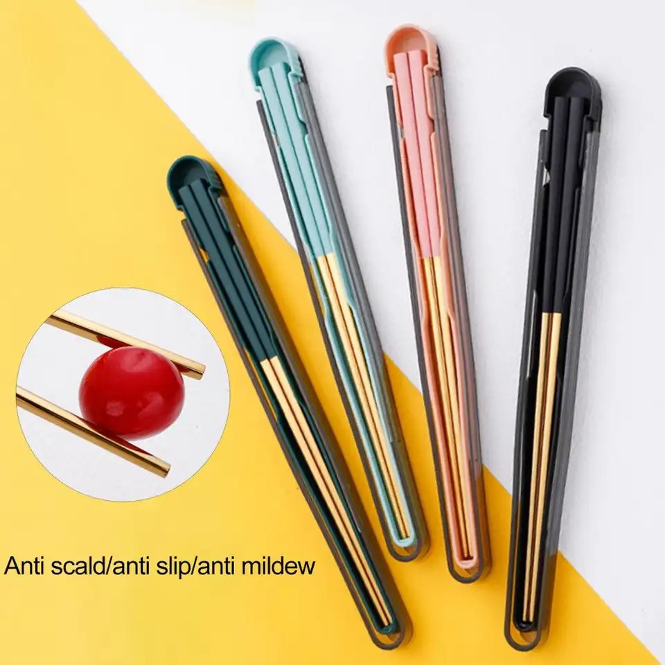 Alloy Chopsticks Pair With Storage Box
