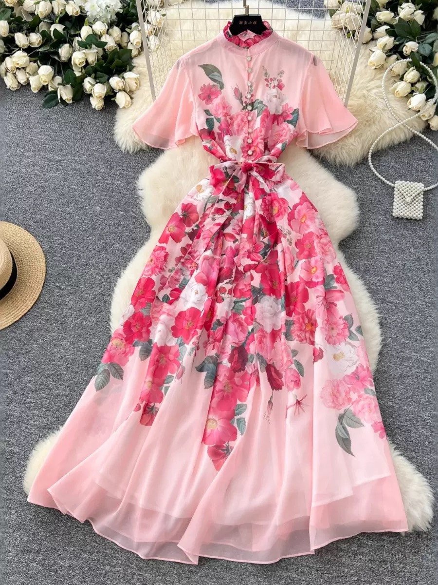 Summer Elegant Flower Floral Chiffon Collar Short Sleeve Slim Vintage French Beach Dress