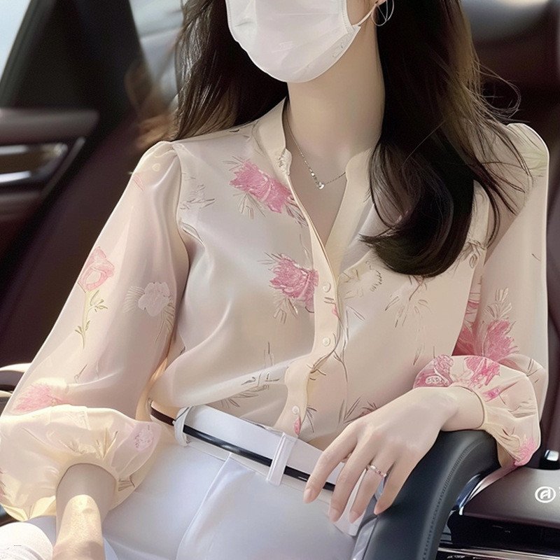 Elegant French Style Floral Printed Chiffon Tops