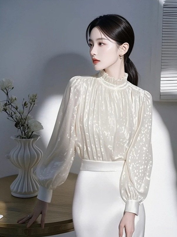 French Style Designer Printed Ruffled Stand Collar White Top