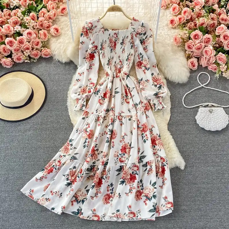 Floral Print Long Puff Sleeve Chiffon Dress