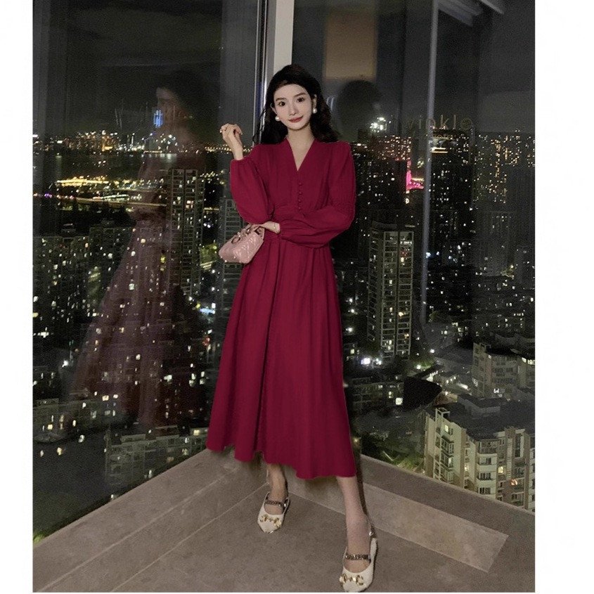 French Retro Casual Red Waist Dress