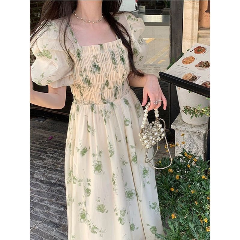 Floral Printed Stretchy Sweet Puff Sleeve Summer Dress