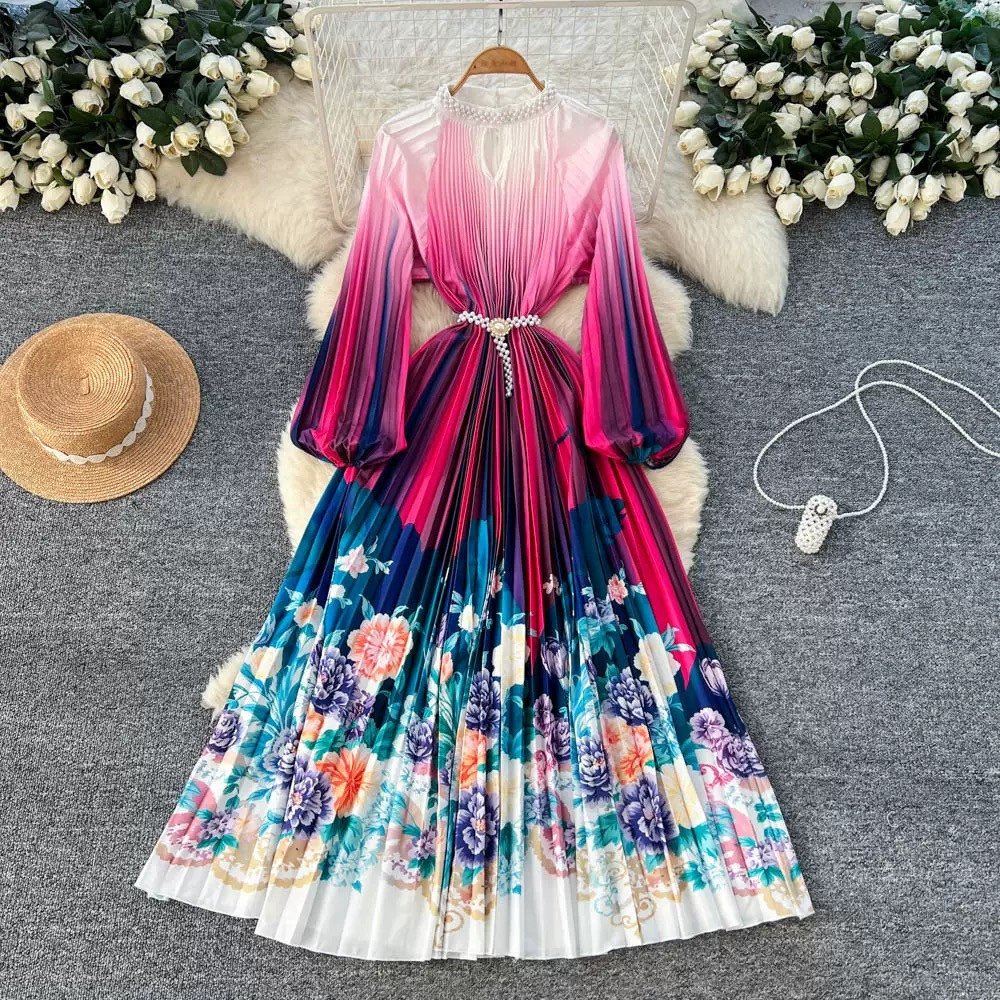 Miyake Women's Long-sleeved Pearl Buckle Pleated Dress