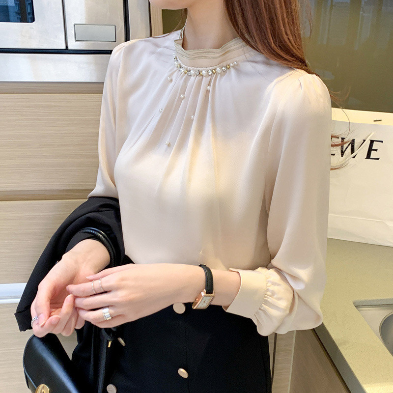 Elegant Pearl Dsign Solid Color Pullovers Tops