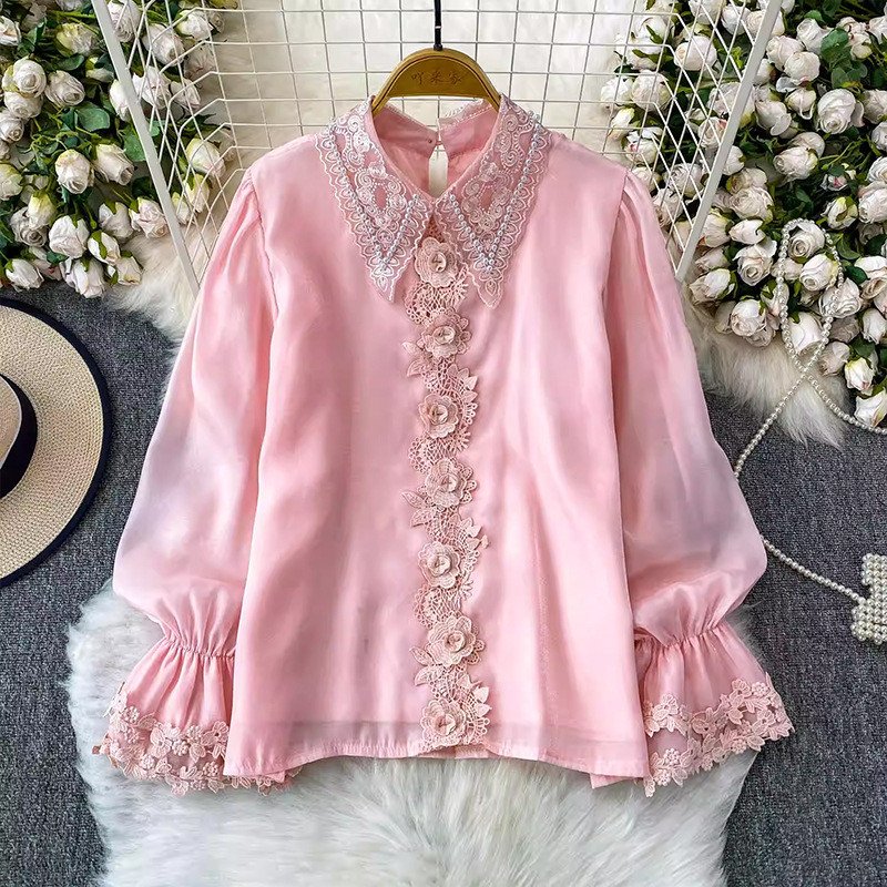 Elegant Lace Work Style Doll Collar Horn Sleeve Tops