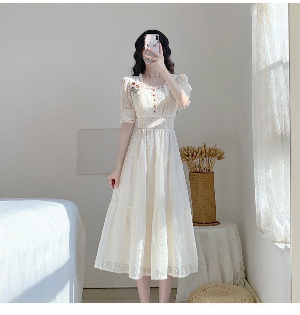Elegant Fairycore Slim Fit Summer Rose Embroideried Dress