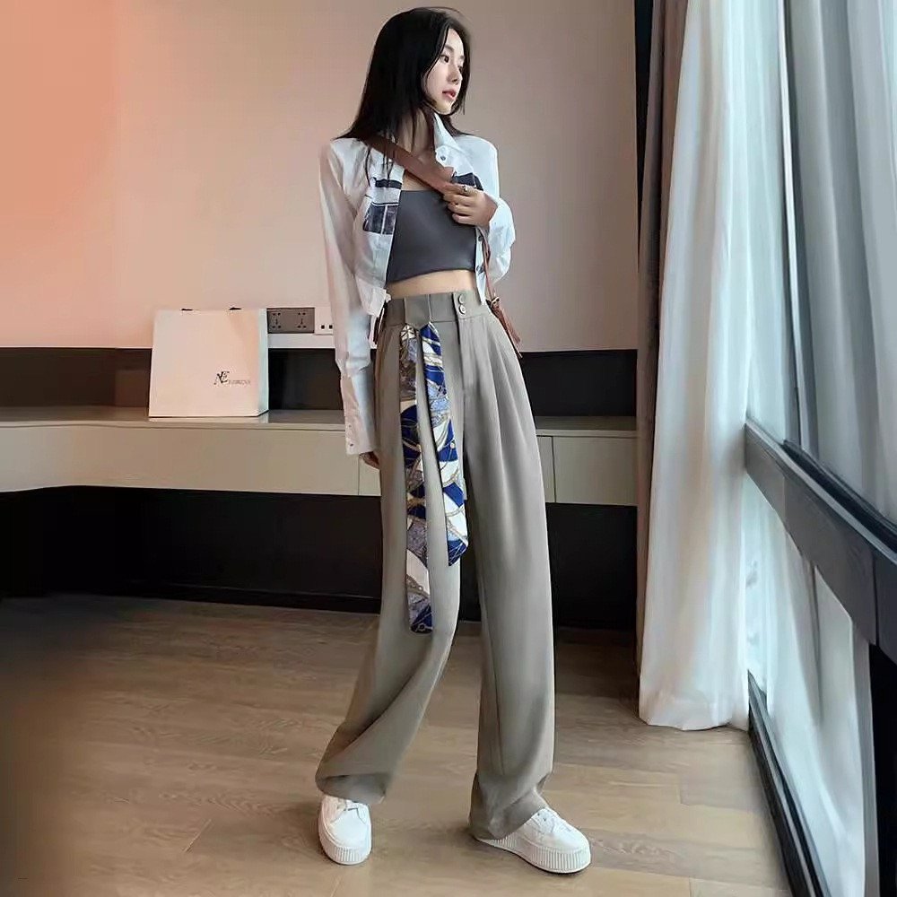 Trendy Narrow High Waisted Slimming Pants with Scarf