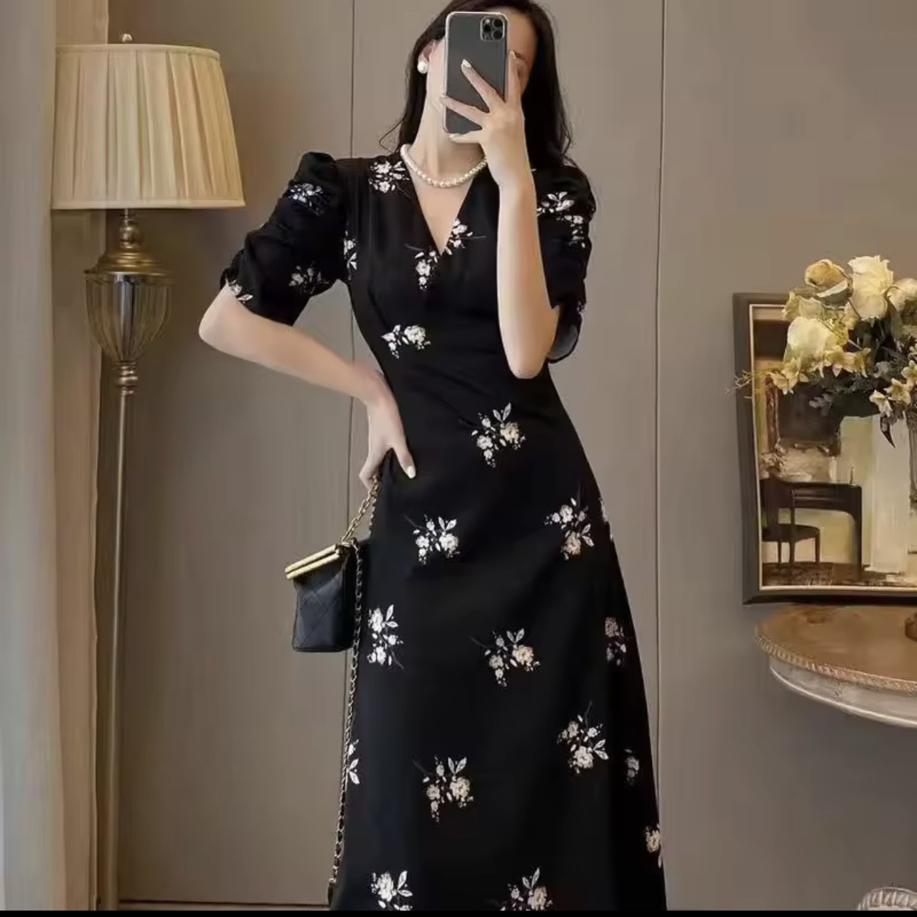 Trendy Floral Sling Black Dress