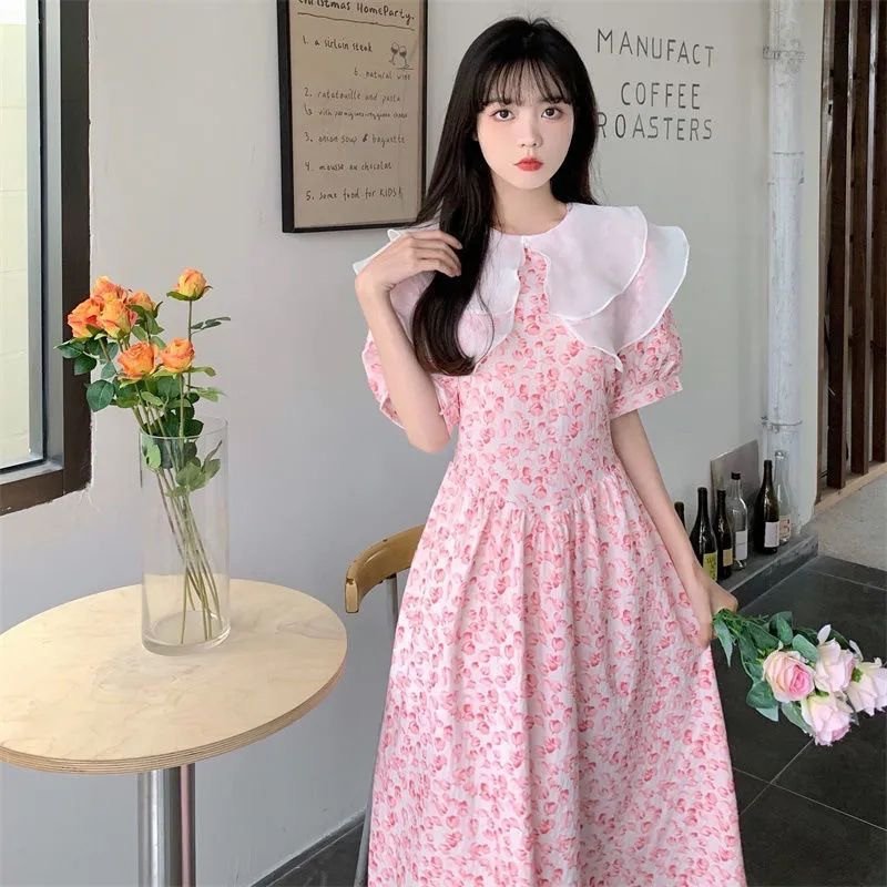 Japan Style Pan Collar Floral Printed Summer Dress