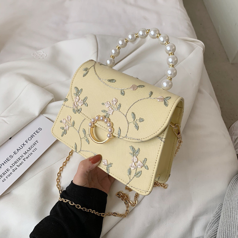 Flower Embroidery Pearl Flap Hand Bag