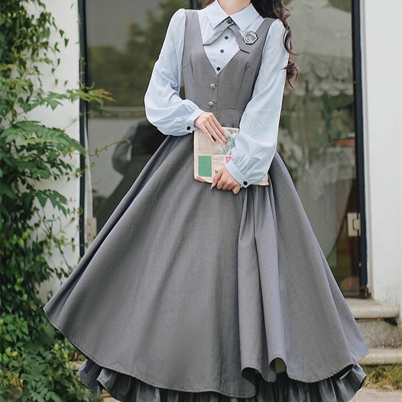 Women High Waist Belted Long Sleeve Lolita Cute Ruffle Long Dress
