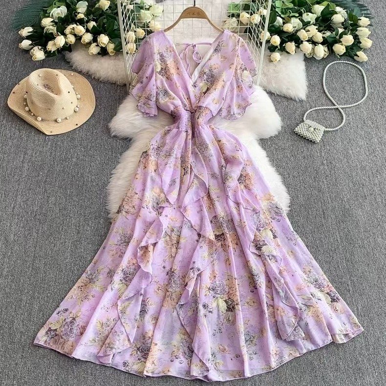 Floral Printed Summer Chiffon Long Dress