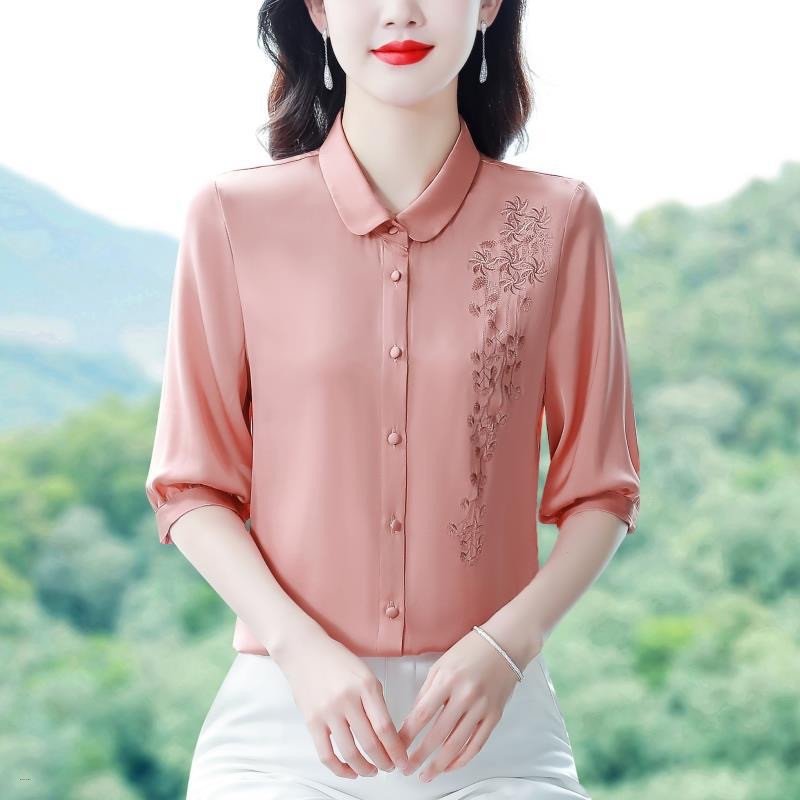 Korean Elegant Embroidery Natural Mulberry Tops
