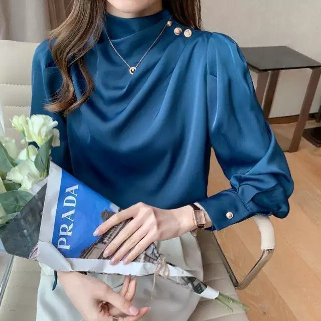 Elegant High Collar Long Sleeve Satin Pullover Shirt