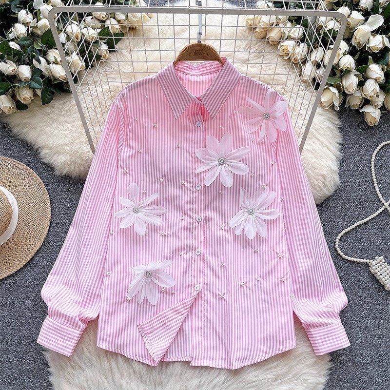 Korean 3D Flower Loose Striped Tops