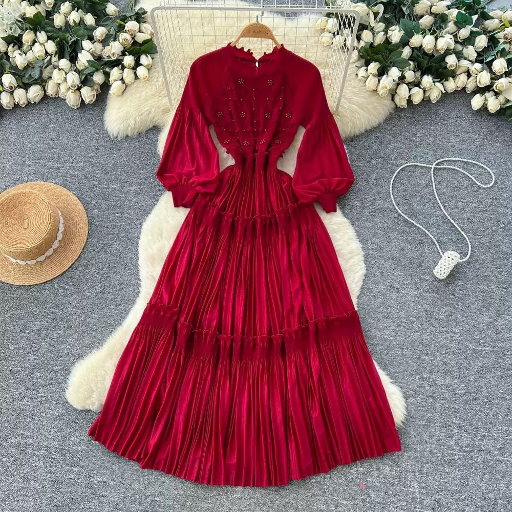 Miyake Women's Long-sleeved Pearl Buckle Pleated Dress