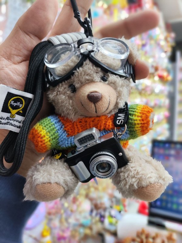 Cute Pilot Bear With Camera Plush Keychain Pendant