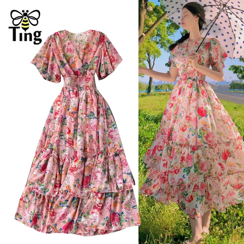 Casual Fashion Elastic Waist Midi Long Floral Print Chiffon Dress