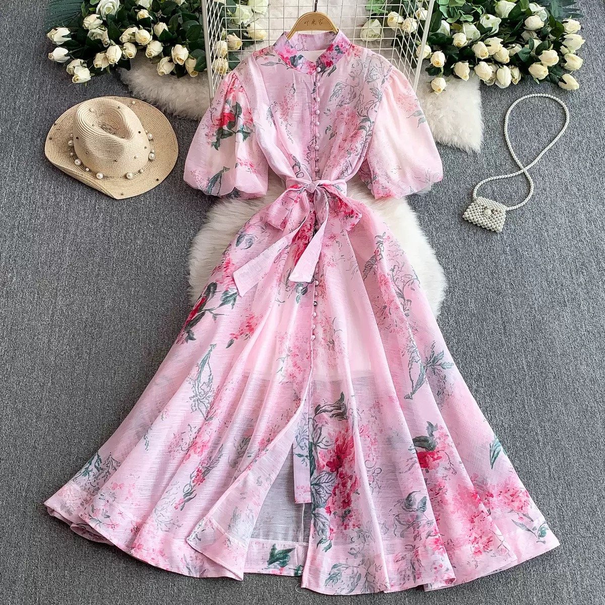Vintage Print Collar Puff Sleeves Summer Tie Waist Slim Flared Long Dress