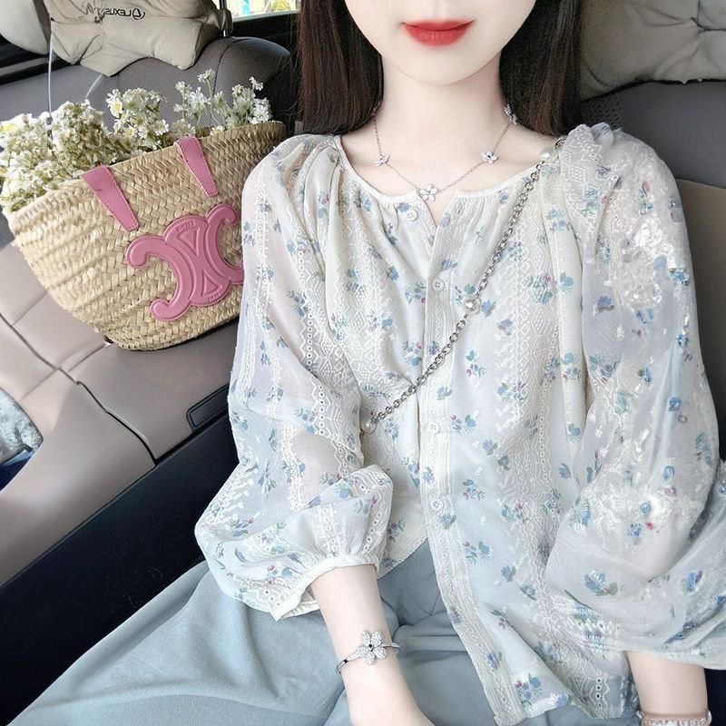 Elegant Floral Design Long Sleeve O-Neck Summer Tops