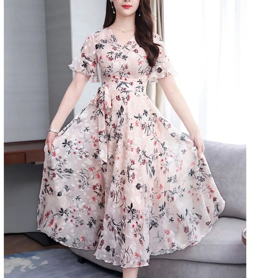 Floral Printed V-Neck Cotton Casual Dress
