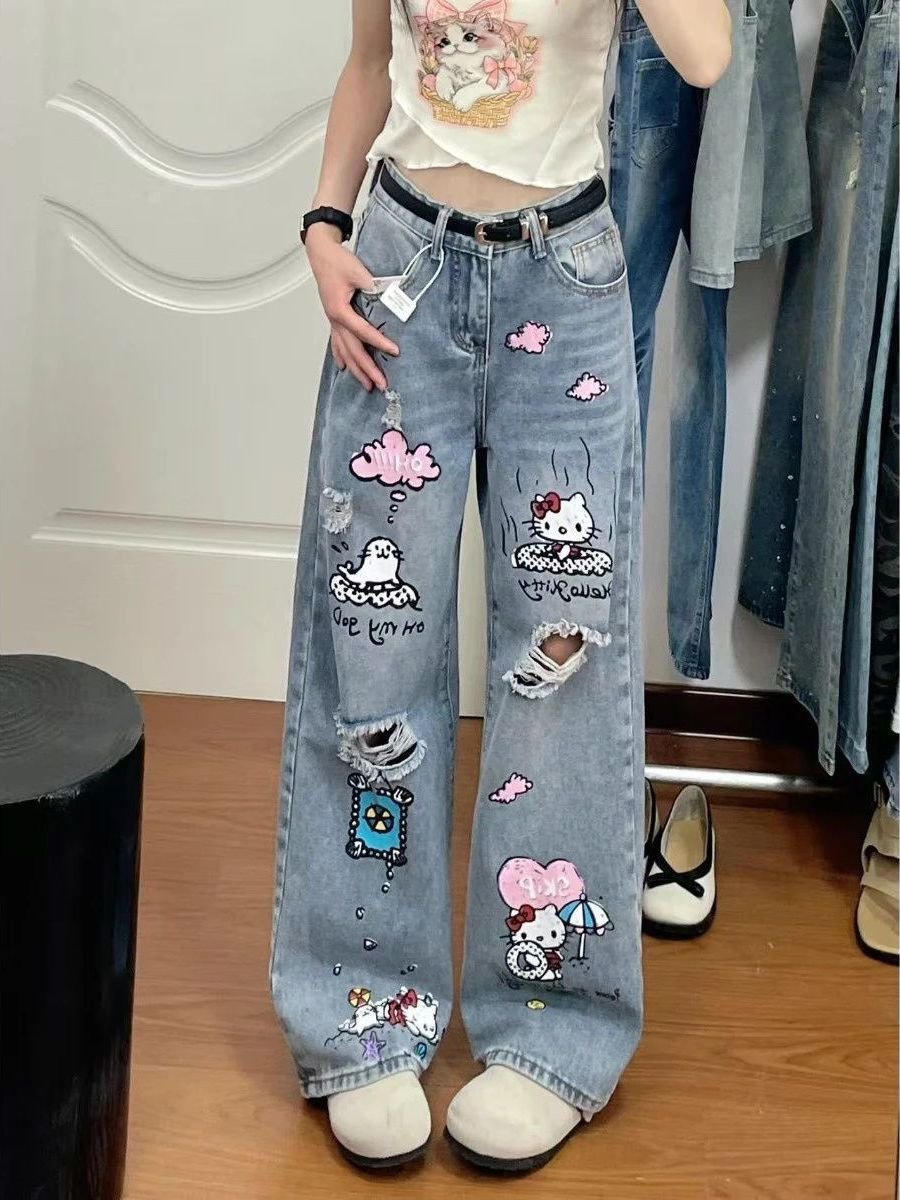 Kawaii Hello Kitty Loose Fit Casual Wide Jeans