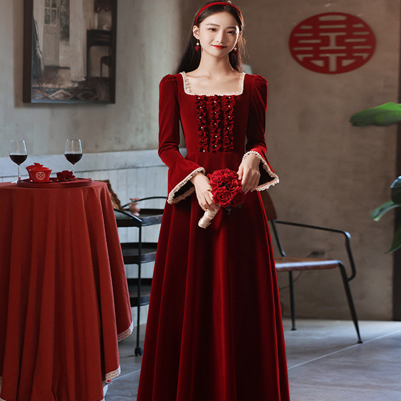French Style Wine Red Velvet Party Dress