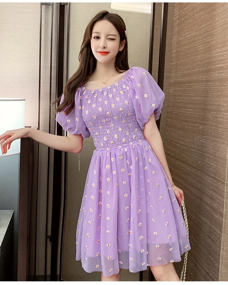 Puff Sleeve Peaceminusone Flower Embroidery Korean Fashion Summer Dress