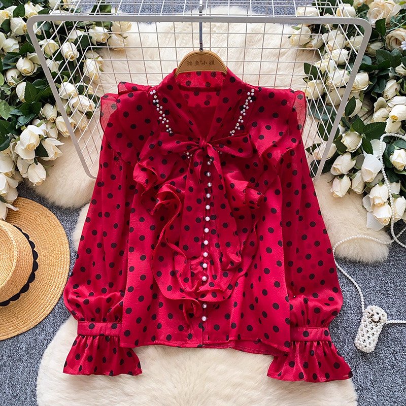 French Retro Polka Dot Ruffle Pearl Bow Tops