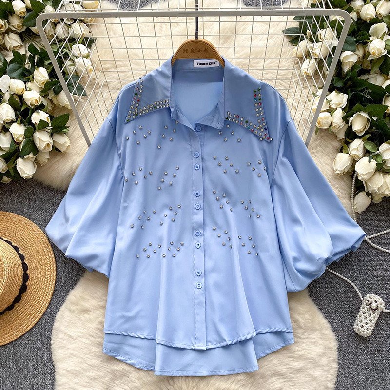 Elegant Diamond Inlaid Puff Sleeves Fashion Tops