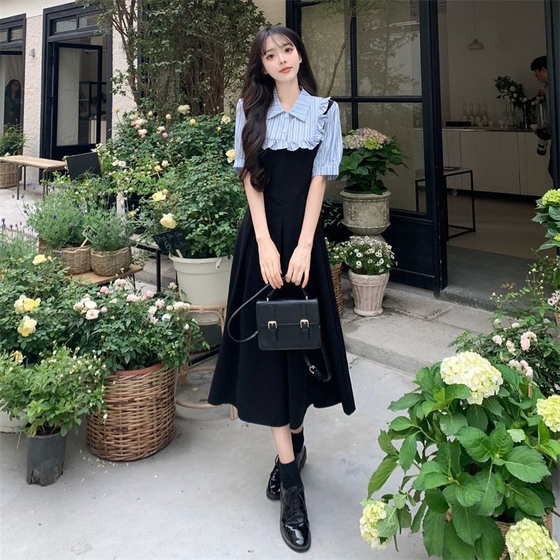 Preppy Style Fake two Pieces Spliced Striped Summer Dress