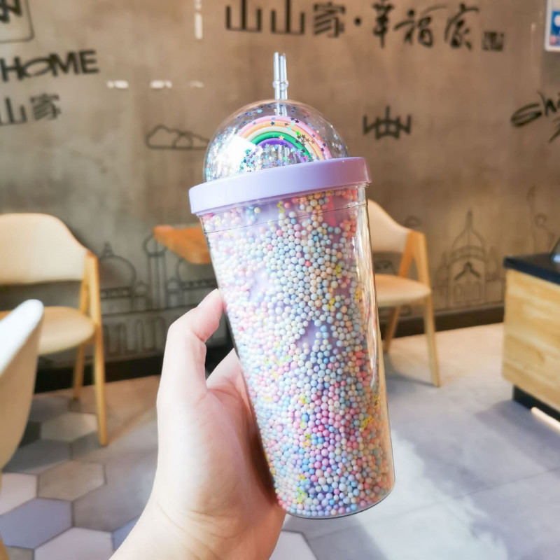Korean Style Double Layer Creative Sweet Mug Sipper Glass Bottle [Purple Rainbow Designed]
