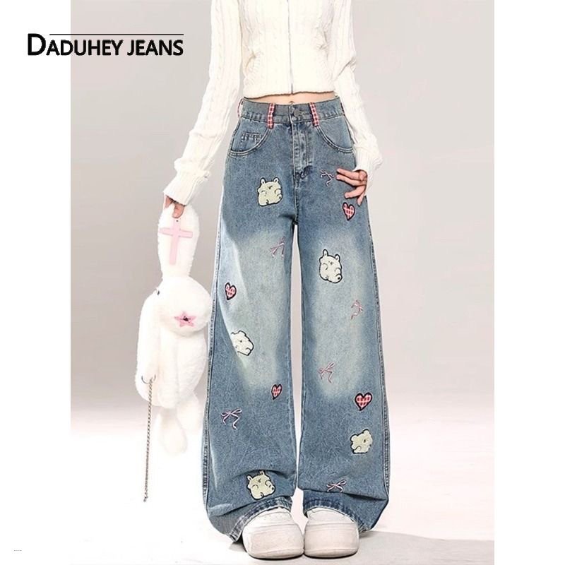 Western Cute Casual Embroidered Wide-Leg Loose Trendy Jeans Pants