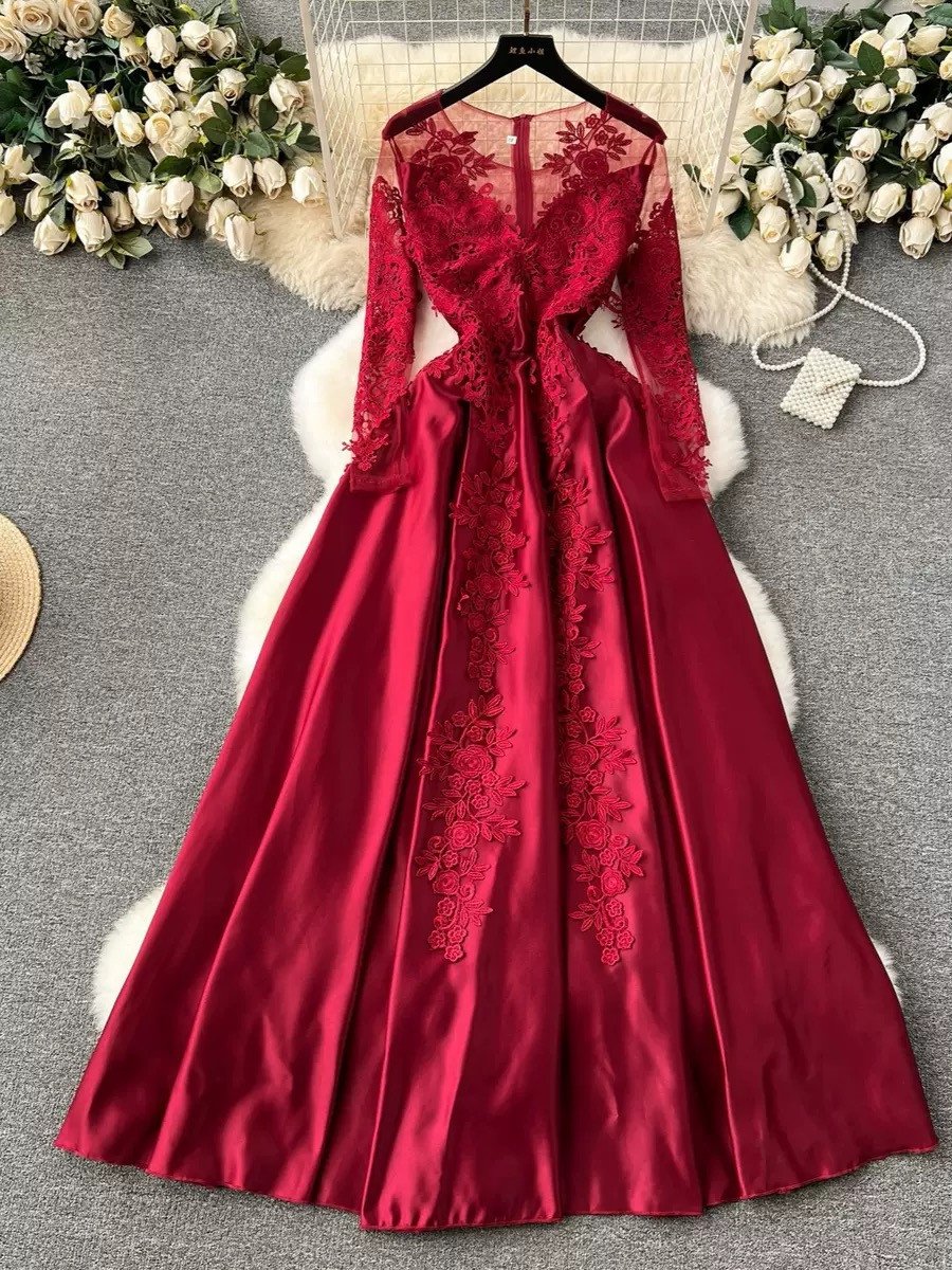 Women's Lace Dress Party Red Mesh Long Sleeve Round Neck Lady Sexy Big Swing Empire Dess