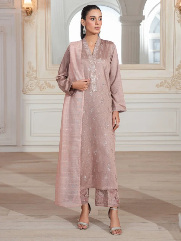 3 Piece Raw Silk Suit-Embroidered (Unstitched) By Limelight