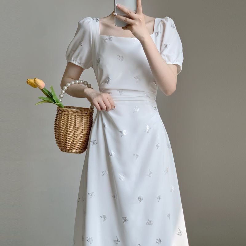 Elegant Butterfly Printed Square Collar Puff Sleeve Party Dress