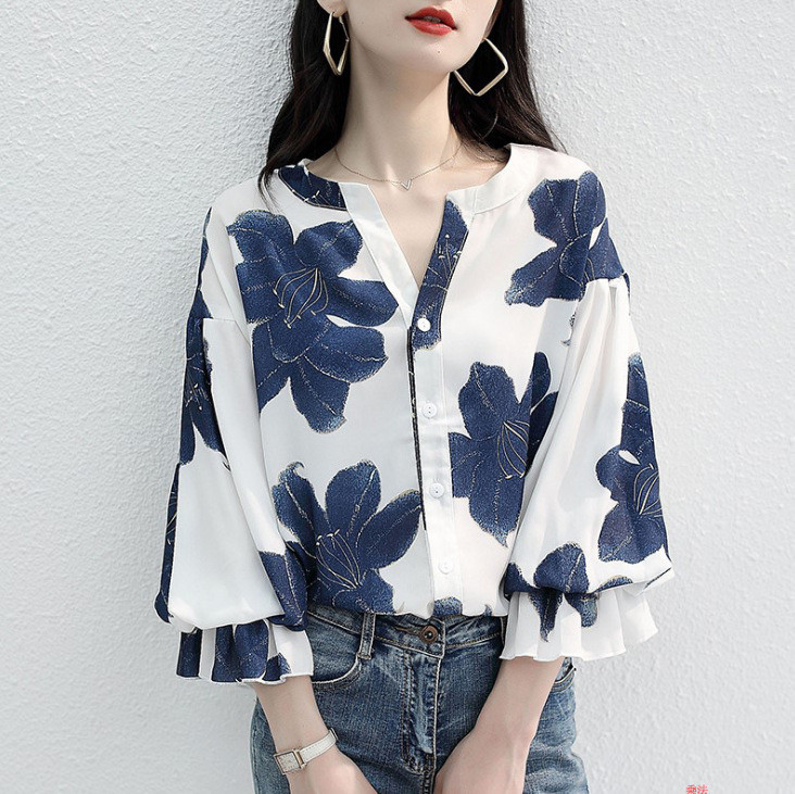 Elegant Flower Print V-Neck Chiffon Tops