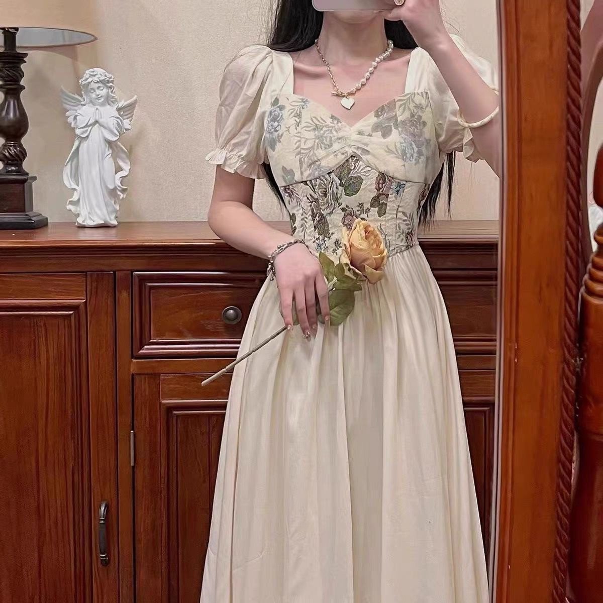 Elegant Vintage Floral Print Mesh Party Dress